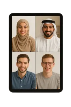 International students collaborating in English conversation session